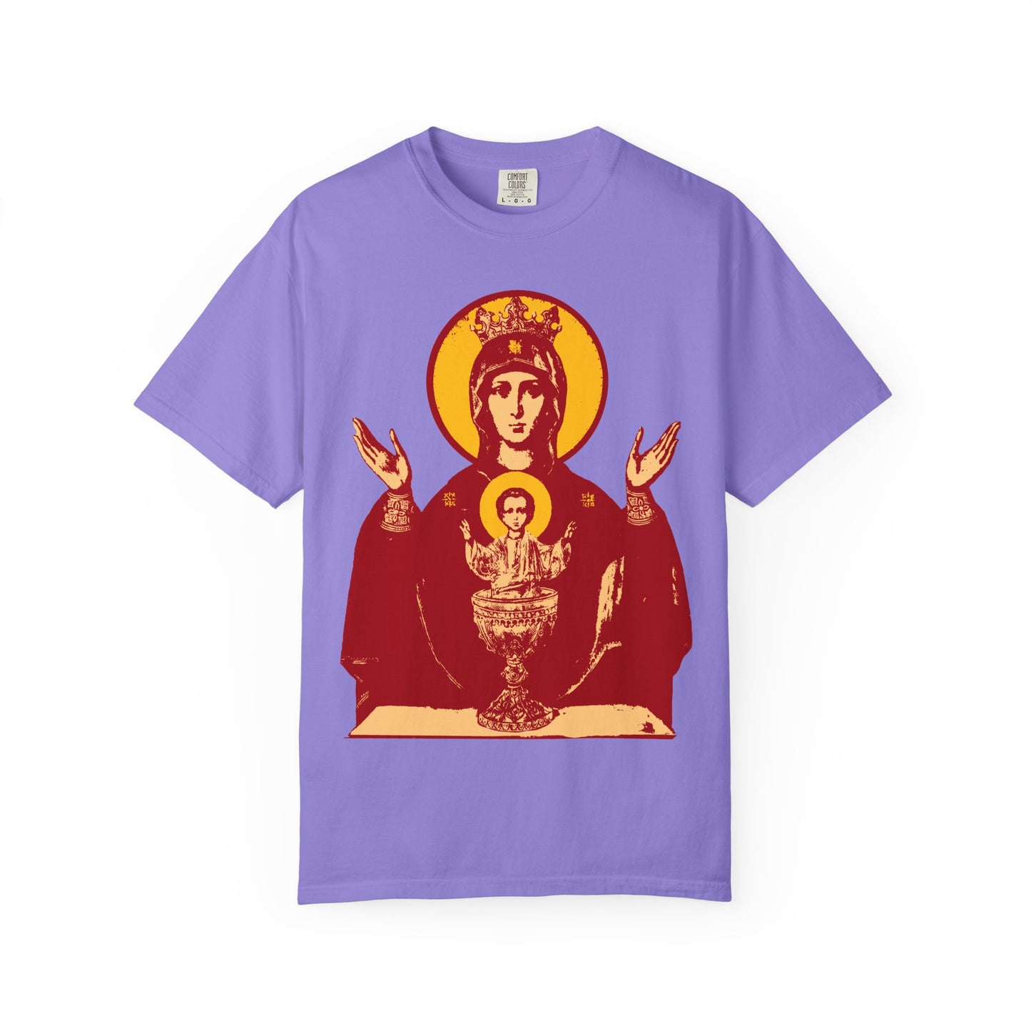 Violet heavyweight cotton unisex t-shirt featuring an iconographic image of the Holy Theotokos "Inexhaustible Chalice" in a religious pose, designed to inspire deliverance from addictions and conquering passions.