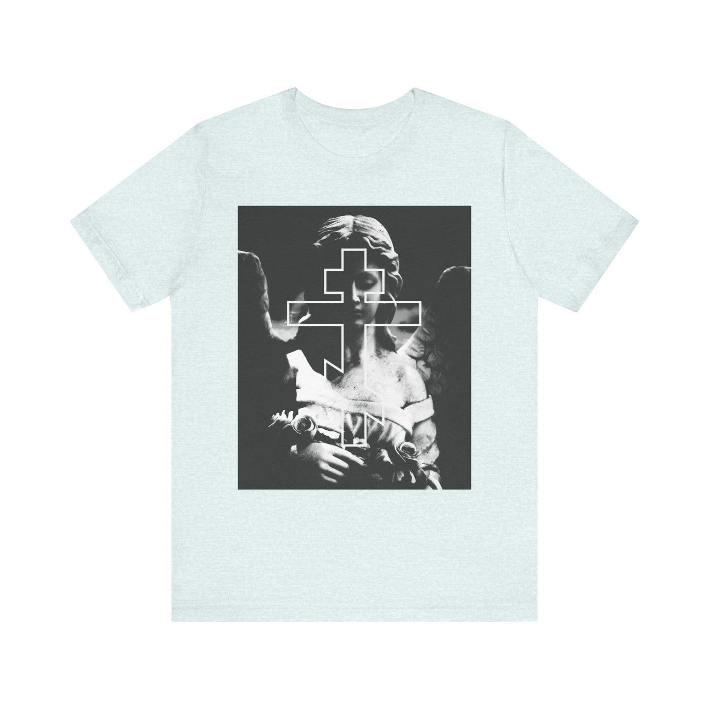 Heather Ice Blue unisex tee featuring a grayscale Cemetery Angel and Orthodox Cross graphic; lightweight cotton for comfort. Perfect for those who embrace goth aesthetic and Memento Mori style.