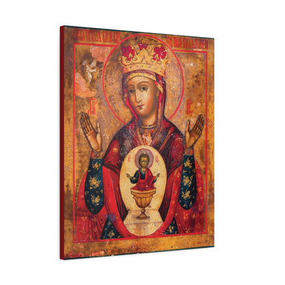Mother of God of Nicaea Russian Orthodox Christian Icon | Panagia | Theotokos Mary | Religious Canvas Sacred Wall Art depicting the Theotokos with a radiant halo, uplifted hands, and the child Jesus seated in a chalice at her center—symbolizing the Heavenly Bread upon the Holy Table—set against an ornate background.
