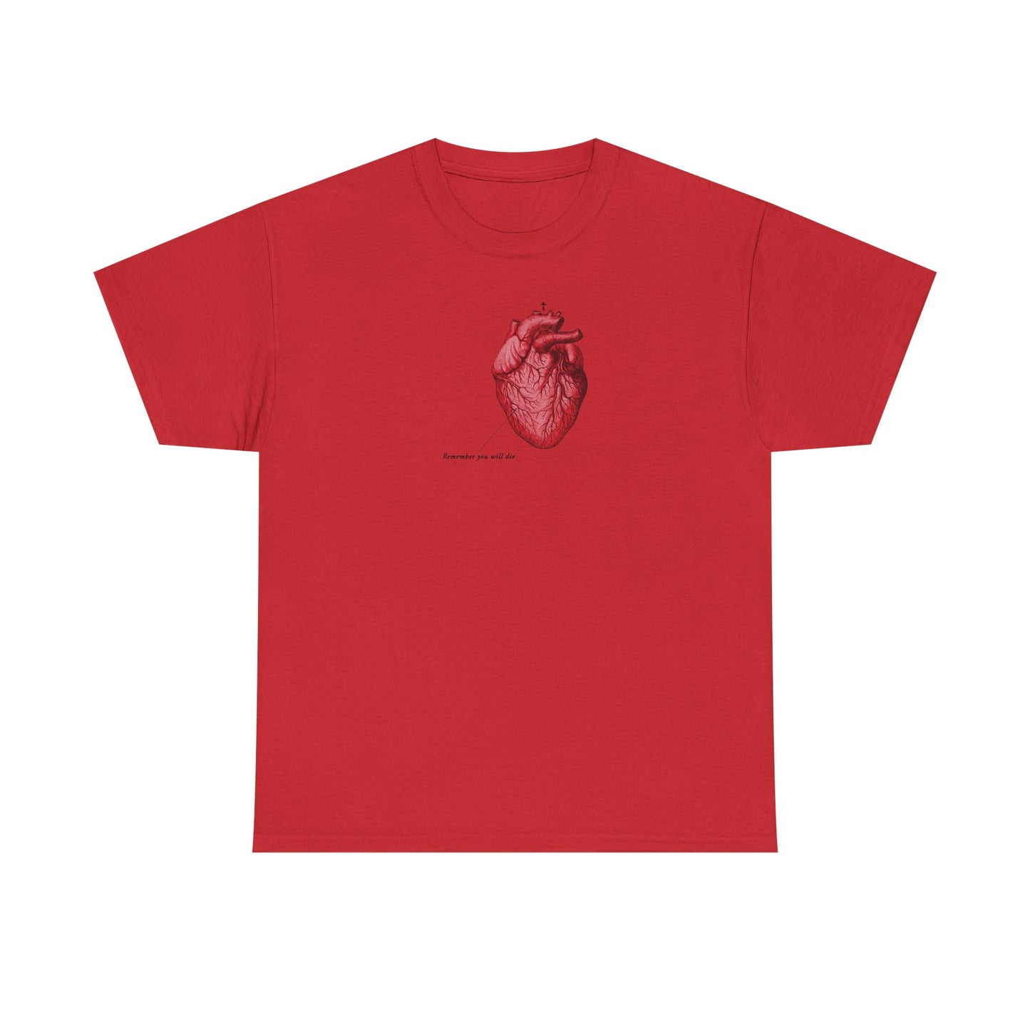 Red "Remember You Will Die" t-shirt featuring a retro medical heart illustration, Orthodox cross, and the phrases "Memento Mori" and "It's Later Than You Think" printed on the chest in heavy cotton.