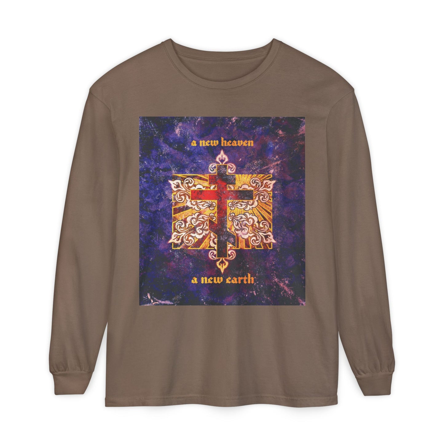 A New Heaven/A New Earth | Red Orthodox Cross on Textured Ornate Background | Red Blue & Gold Design | Orthodox Long Sleeve Cotton Shirt