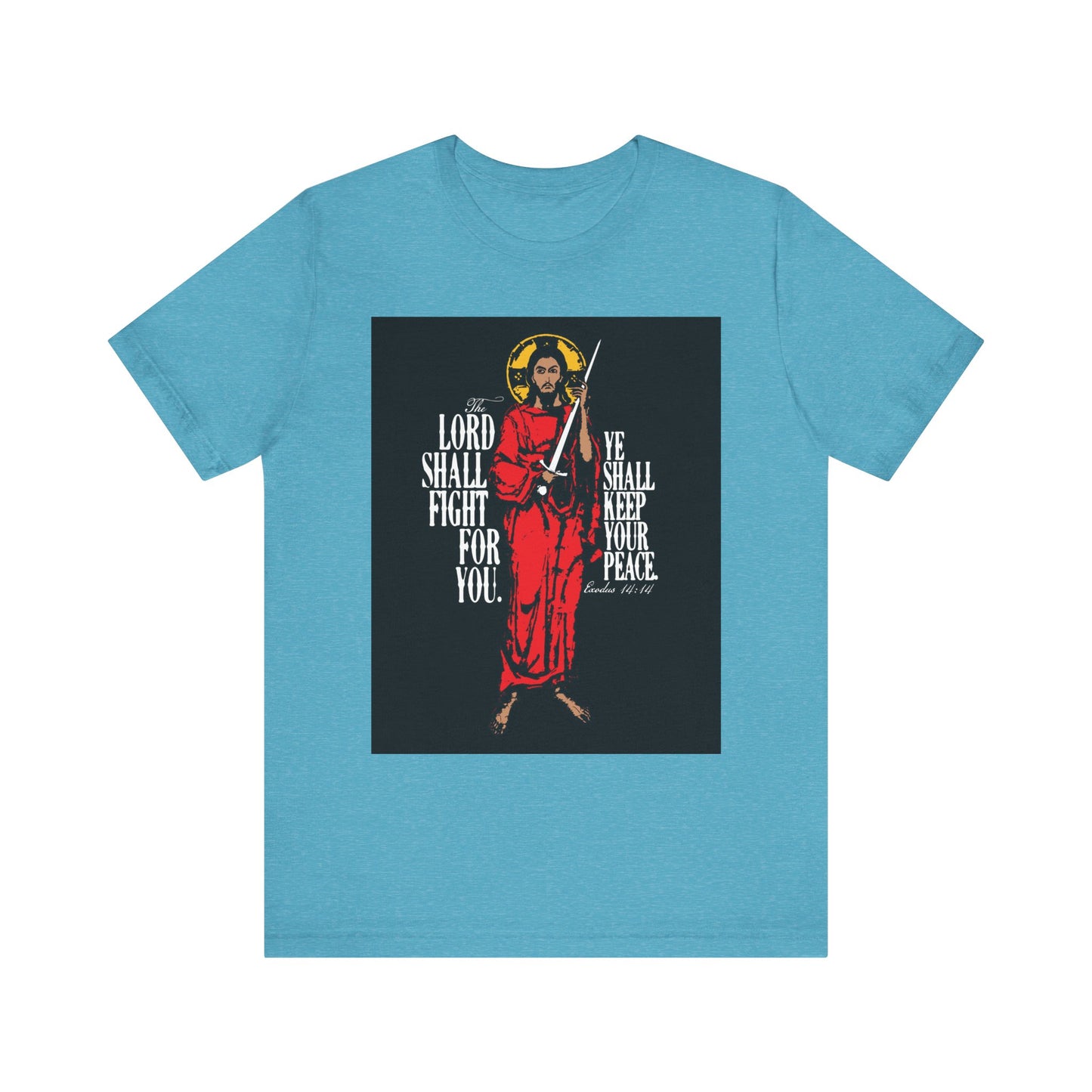 The Lord Shall Fight For You (Exodus 14:14) lightweight cotton tee in Heather Aqua, featuring Jesus Christ with a sword IconoGraphic—a bold unisex shirt reminding you to trust in the salvation of the Lord.