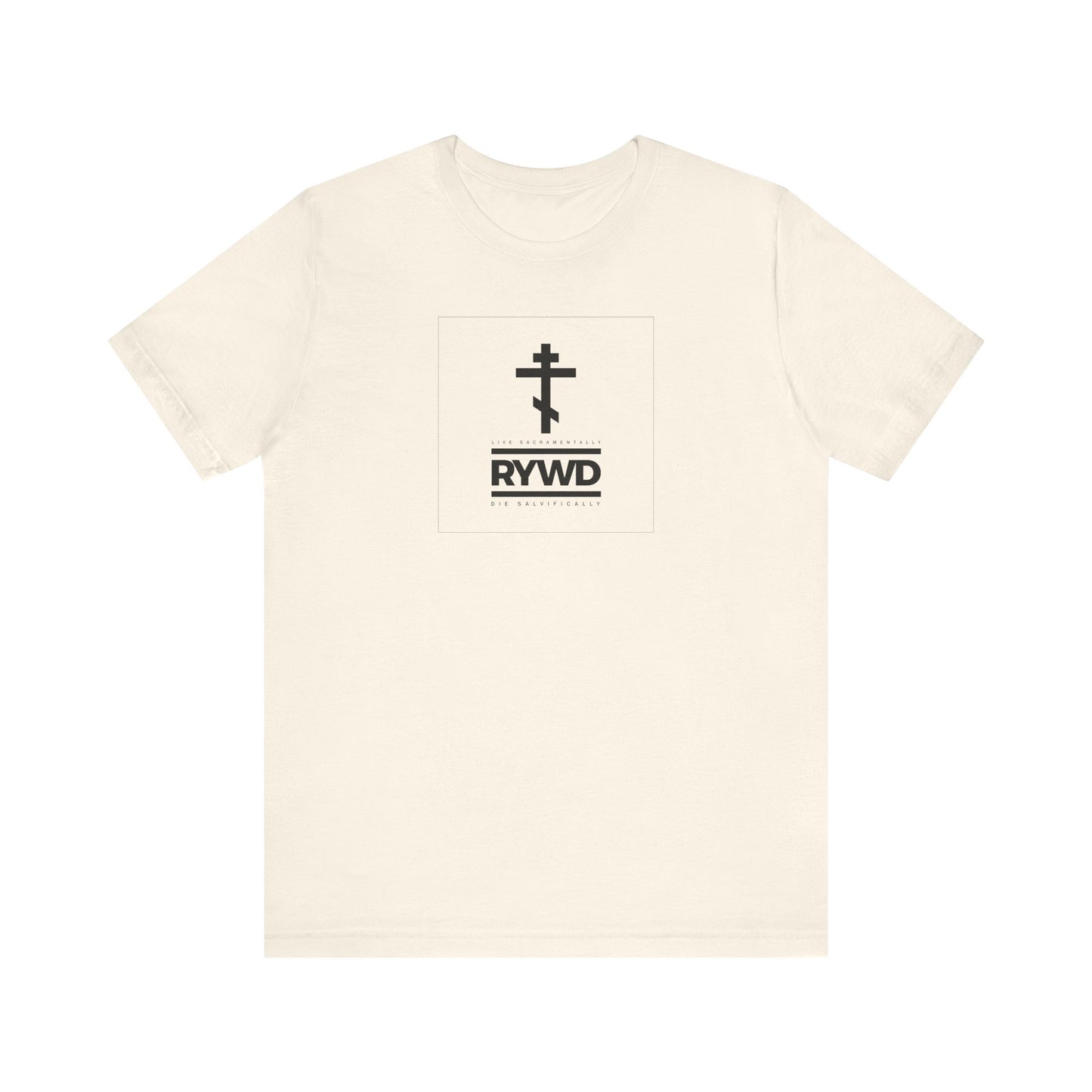 Natural cotton unisex tee featuring the minimalist "RYWD (Remember You Will Die)" double-bar cross logo and text inside a square on the front center, serving as a subtle reminder to live sacramentally and reflect on the importance of remembrance of death in Orthodox Christian tradition.