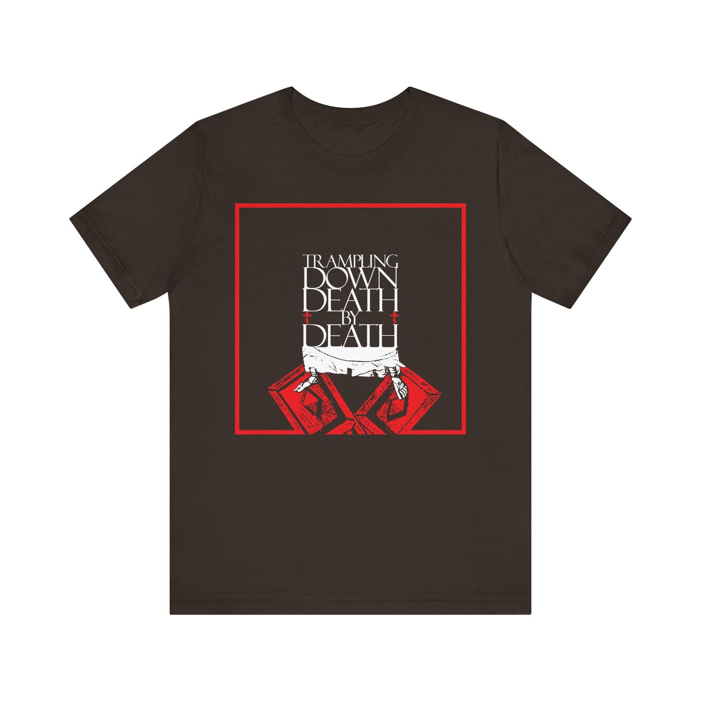 Brown unisex tee featuring "Trampling Down Death By Death" with iconographic Jesus feet on gates of Hades art, inspired by Orthodox Pascha and Bible verses about resurrection and eternal life. Lightweight cotton.