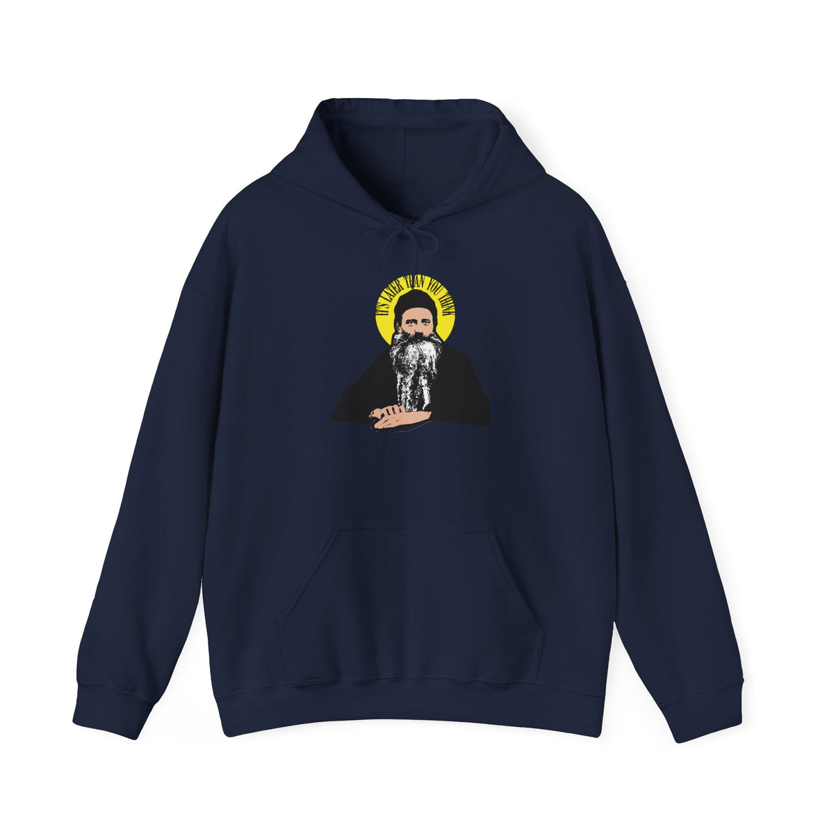Navy hoodie featuring the “It’s Later Than You Think” design, with Fr Seraphim Rose—an American Orthodox Christian saint—depicted with a yellow halo on the chest.
