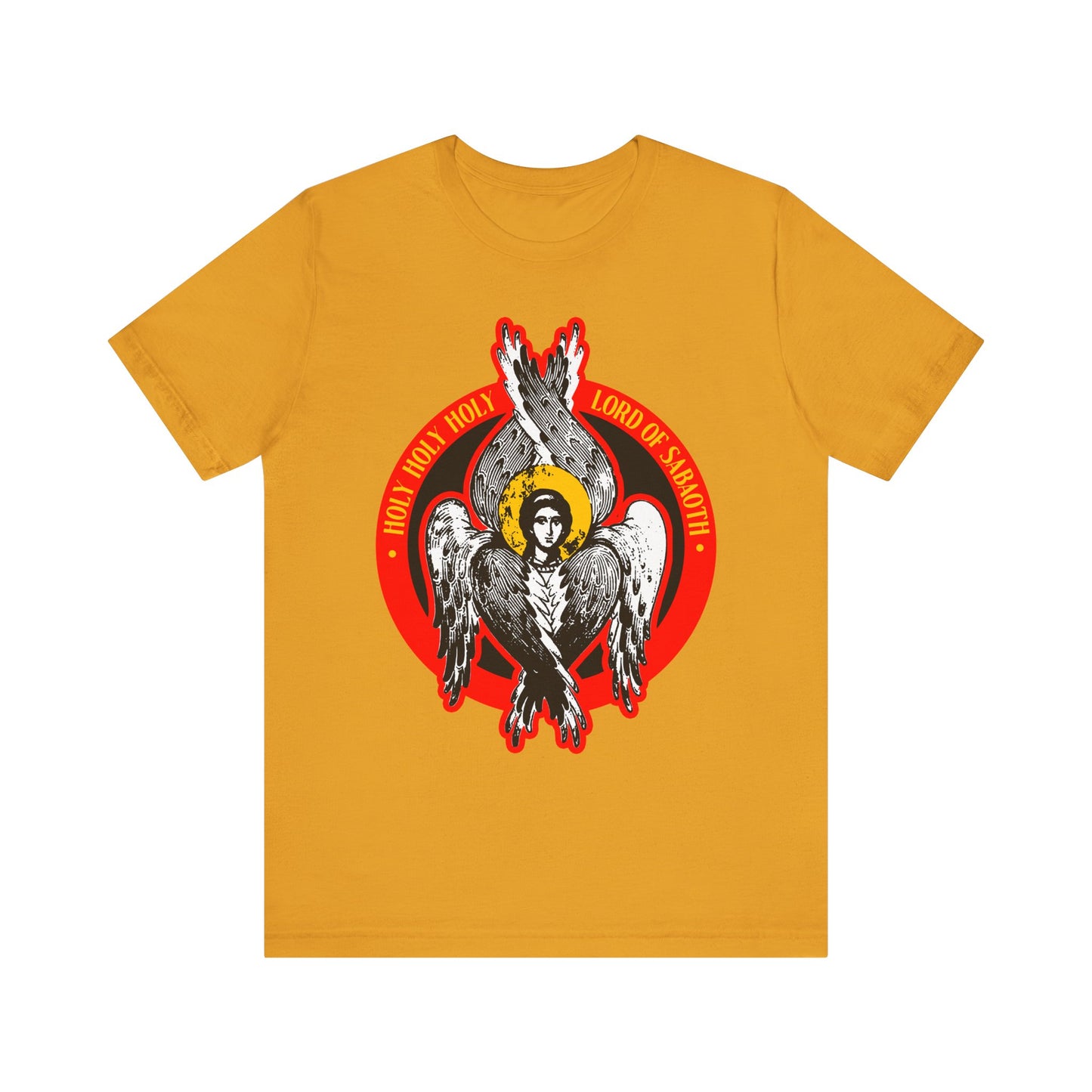 Mustard Holy Holy Holy, Lord of Sabaoth tee with a seraphim angel graphic and bold red text inspired by Isaiah 6. Lightweight cotton unisex fit.