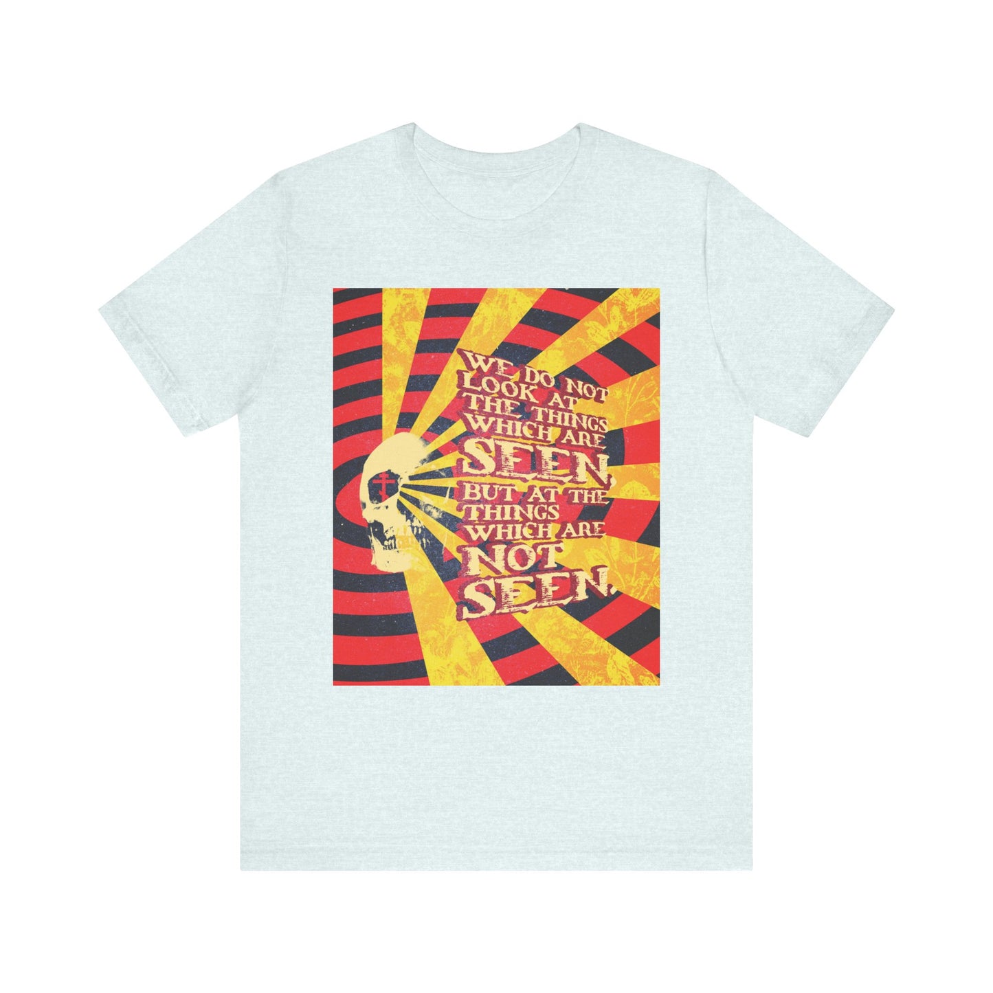 Heather ice blue t-shirt featuring a Giallo horror movie poster-inspired skull design and the text: “We do not look at the things which are seen…”, based on 2 Corinthians 4:18—an Orthodox Christian lightweight cotton unisex tee that encourages focusing on spiritual riches and eternal life.