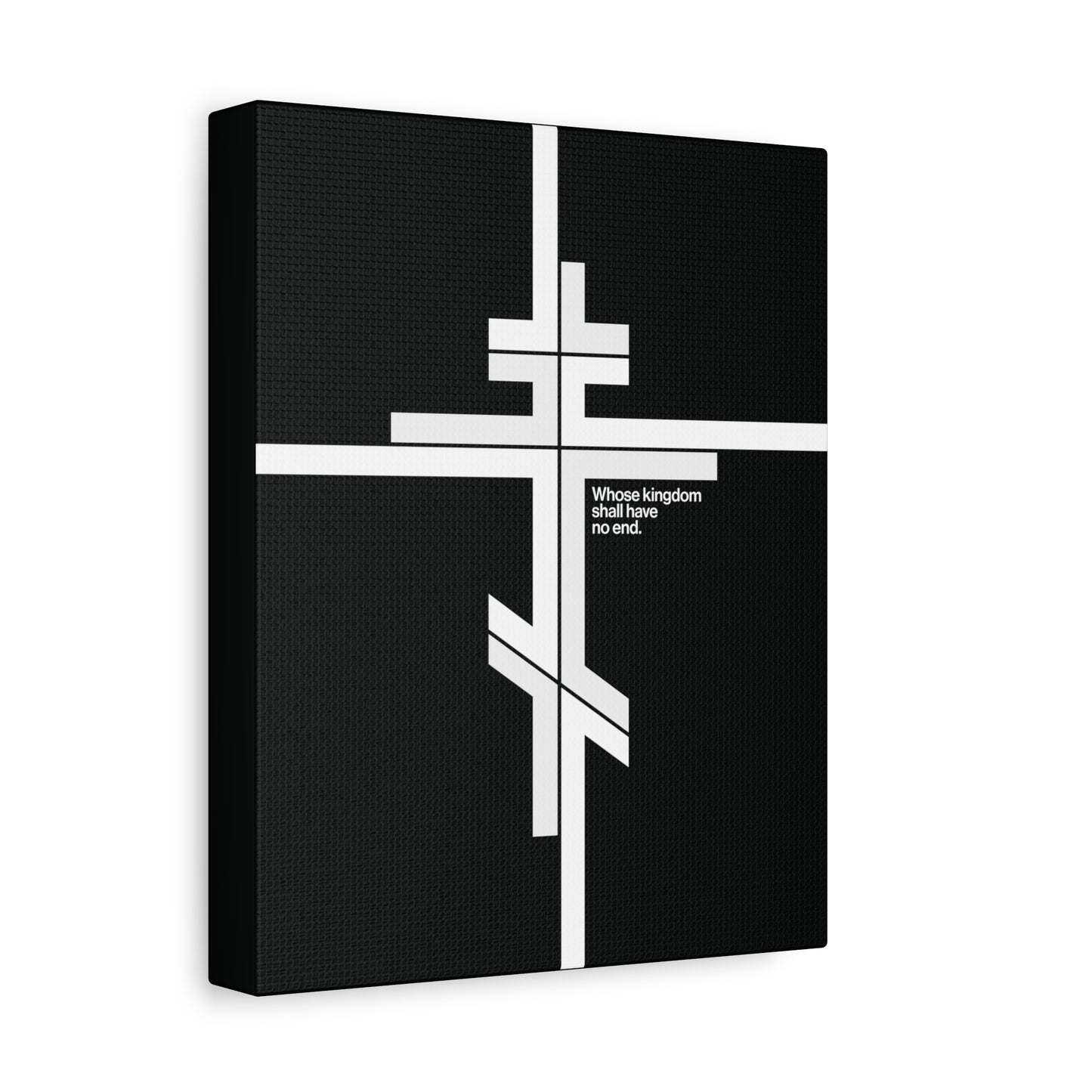 The "Whose Kingdom Shall Have No End" canvas features a white Orthodox cross and Luke 1:32-33 in a modernist minimalist logo style, reflecting Christ’s eternal kingdom in Christian Orthodox tradition.