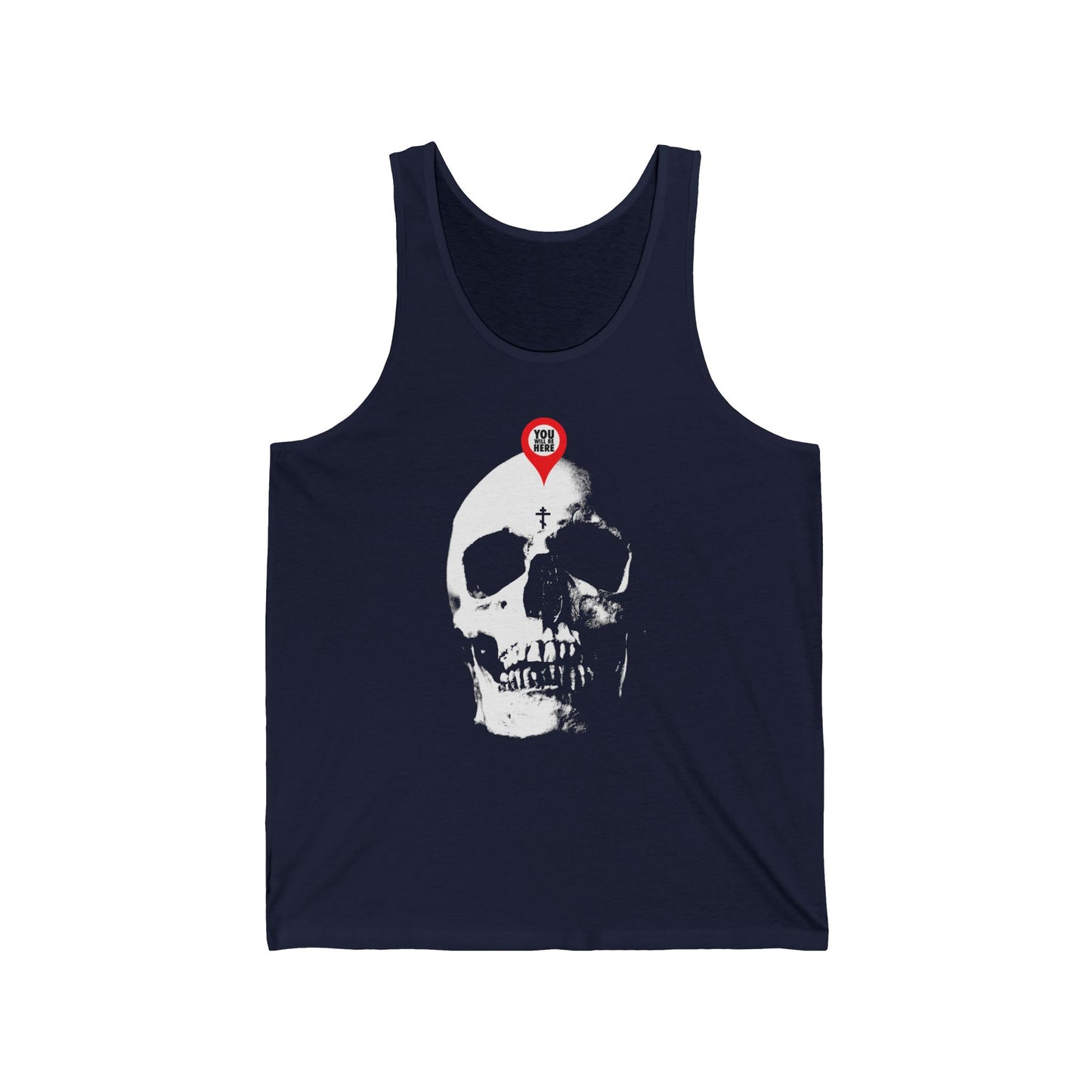 Navy tank top with "You Will Be Here" map marker on skull design—Memento Mori-inspired, reminding us of mortality in Orthodox tradition.
