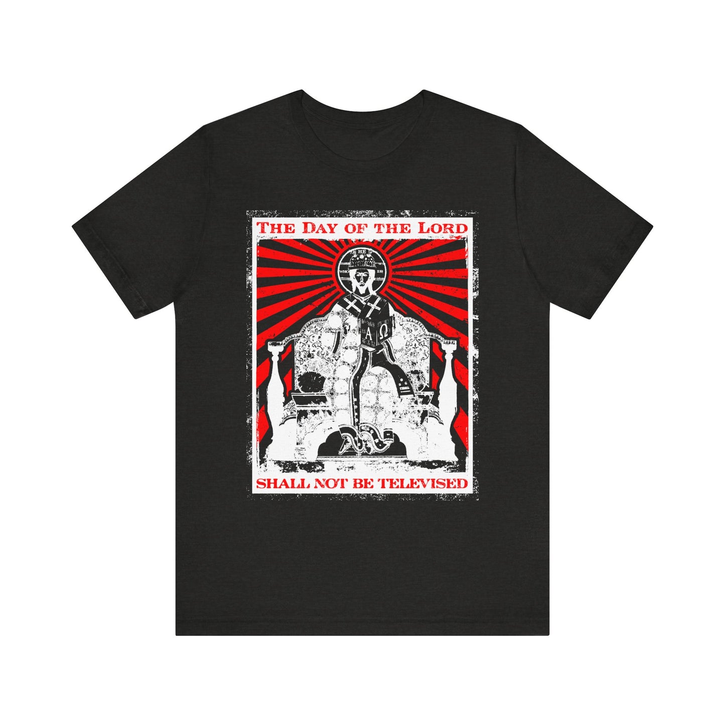 Show off your faith with this Black Heather unisex tee, featuring a bold Jesus Christ iconographic graphic with red rays and the powerful statement: "The Day of the Lord Shall Not Be Televised." Inspired by Revelation and Bible verses about the Second Coming, this lightweight cotton shirt makes a striking Christian statement.