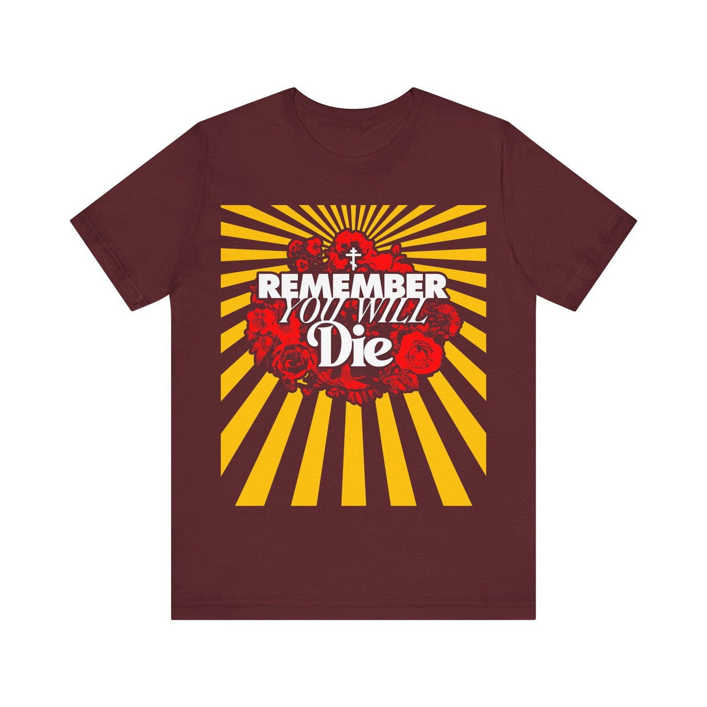 Remember You Will Die Red & Yellow Pop Art Design | Orthodox Cross | Memento Mori | Roses & Rays | Christian Lightweight Cotton Unisex Tee