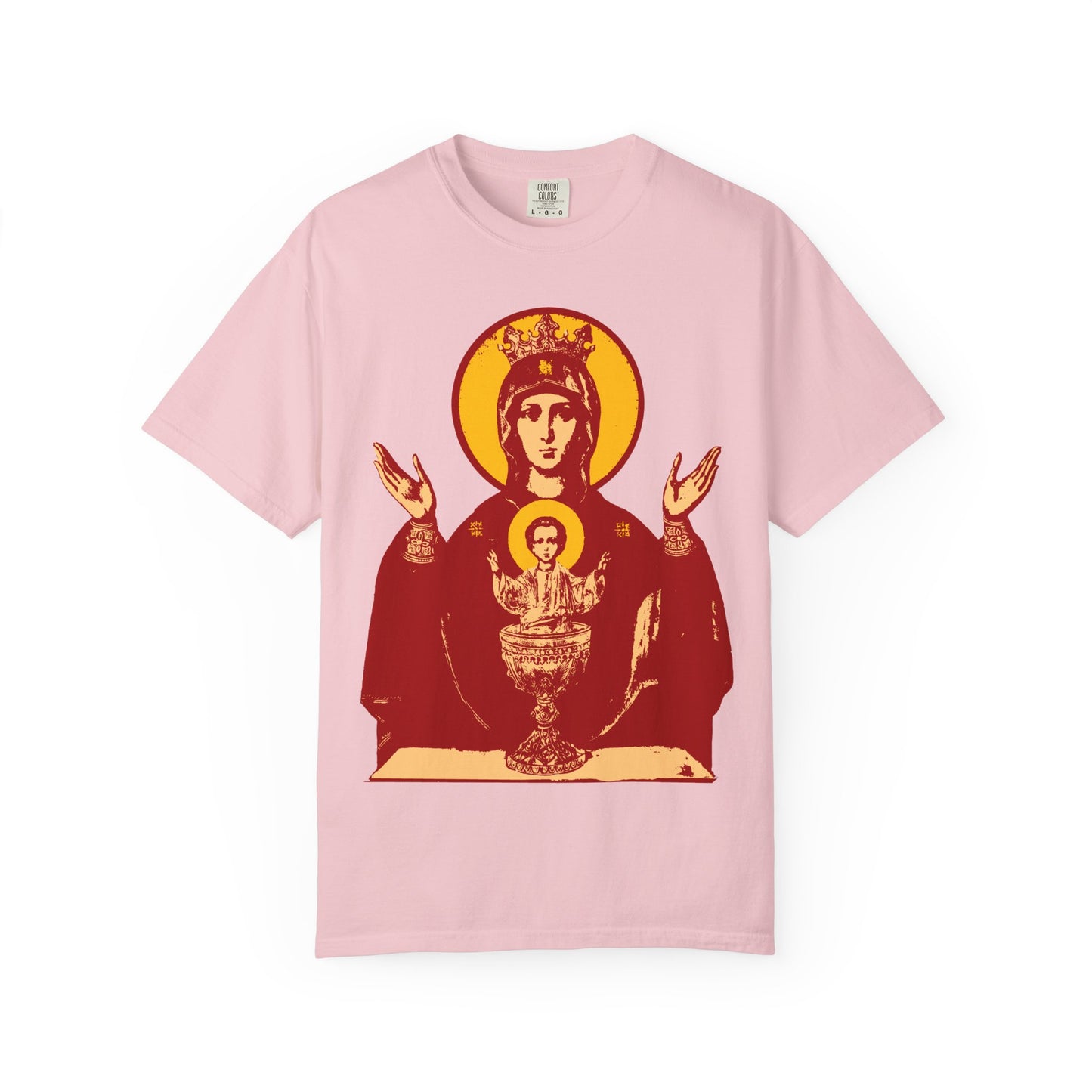 Blossom-colored heavyweight cotton unisex t-shirt featuring a stylized red and yellow iconographic depiction of the Holy Theotokos, Madonna and Child with raised hands, inspired by the Inexhaustible Chalice.
