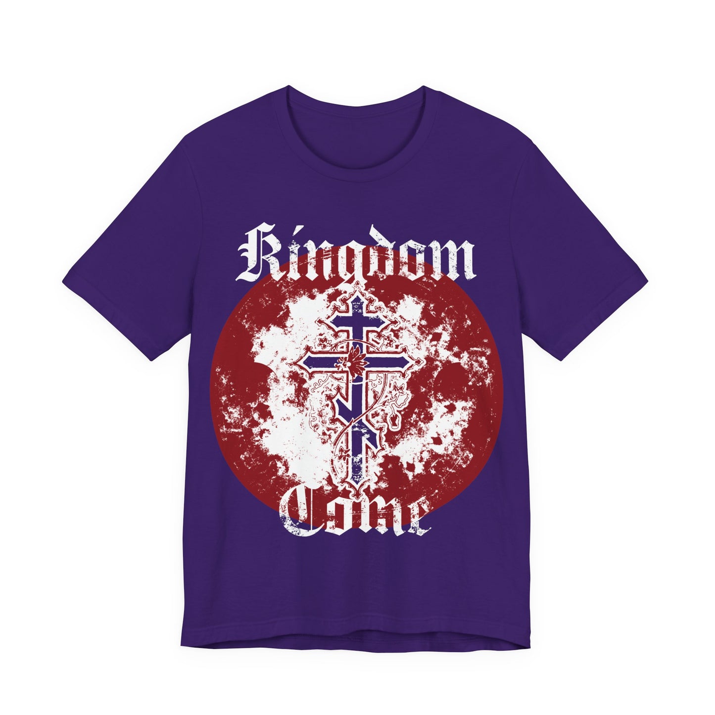 Team Purple unisex cotton t-shirt featuring "Thy Kingdom Come" text with an Orthodox cross and vine design, inspired by the Lord’s Prayer.
