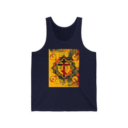 IC XC NIKA Orthodox Cross | Yellow & Red Modern & Medieval Textured Floral Design | Orthodox Christian Jersey Tank Top