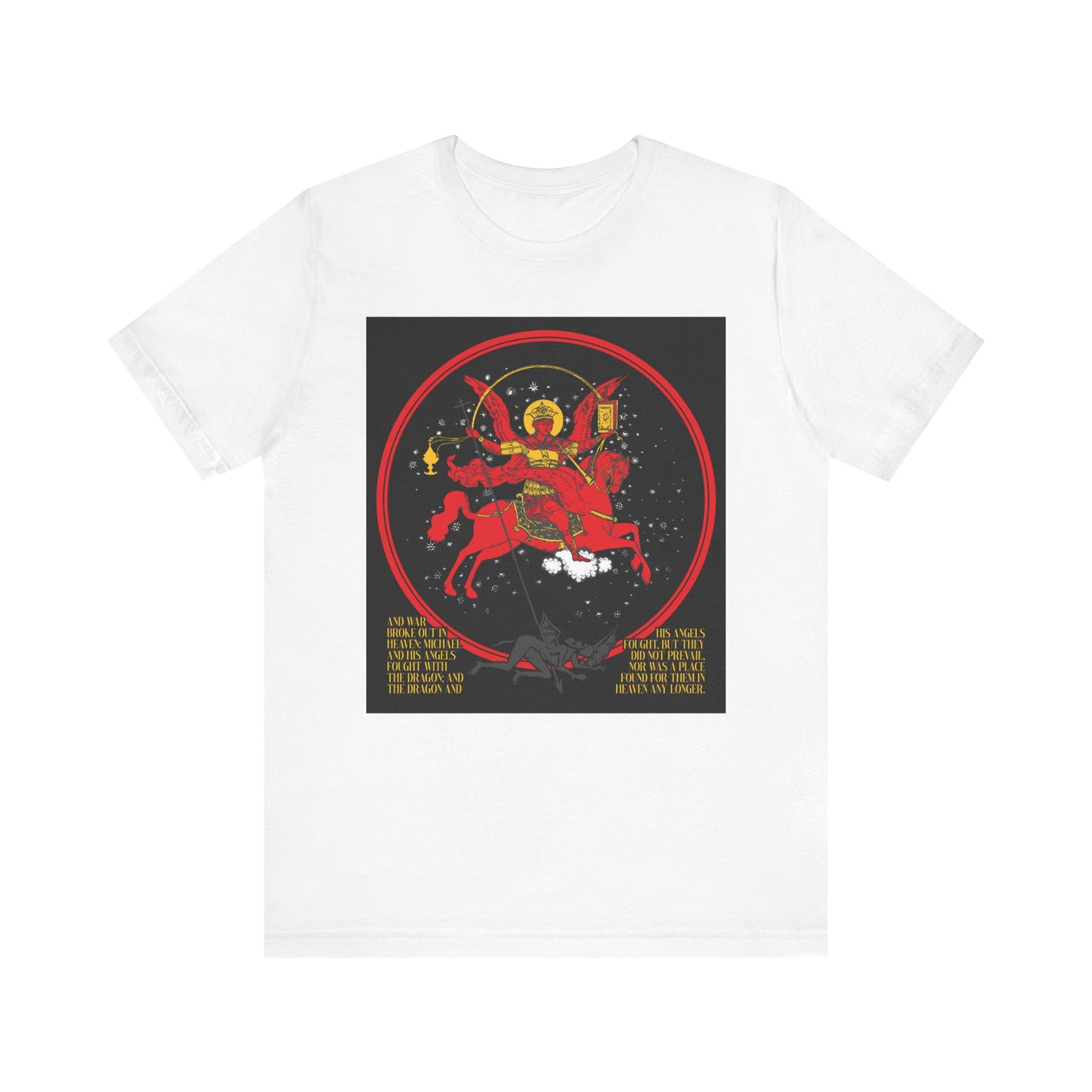 White Archangel Michael of the Apocalypse Iconographic / Death is Swallowed Up In Victory DOUBLE-SIDED t-shirt features a red horse and armored warrior graphic, gold text, and red circle. Lightweight cotton unisex. Color: White.