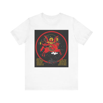 White Archangel Michael of the Apocalypse Iconographic / Death is Swallowed Up In Victory DOUBLE-SIDED t-shirt features a red horse and armored warrior graphic, gold text, and red circle. Lightweight cotton unisex. Color: White.