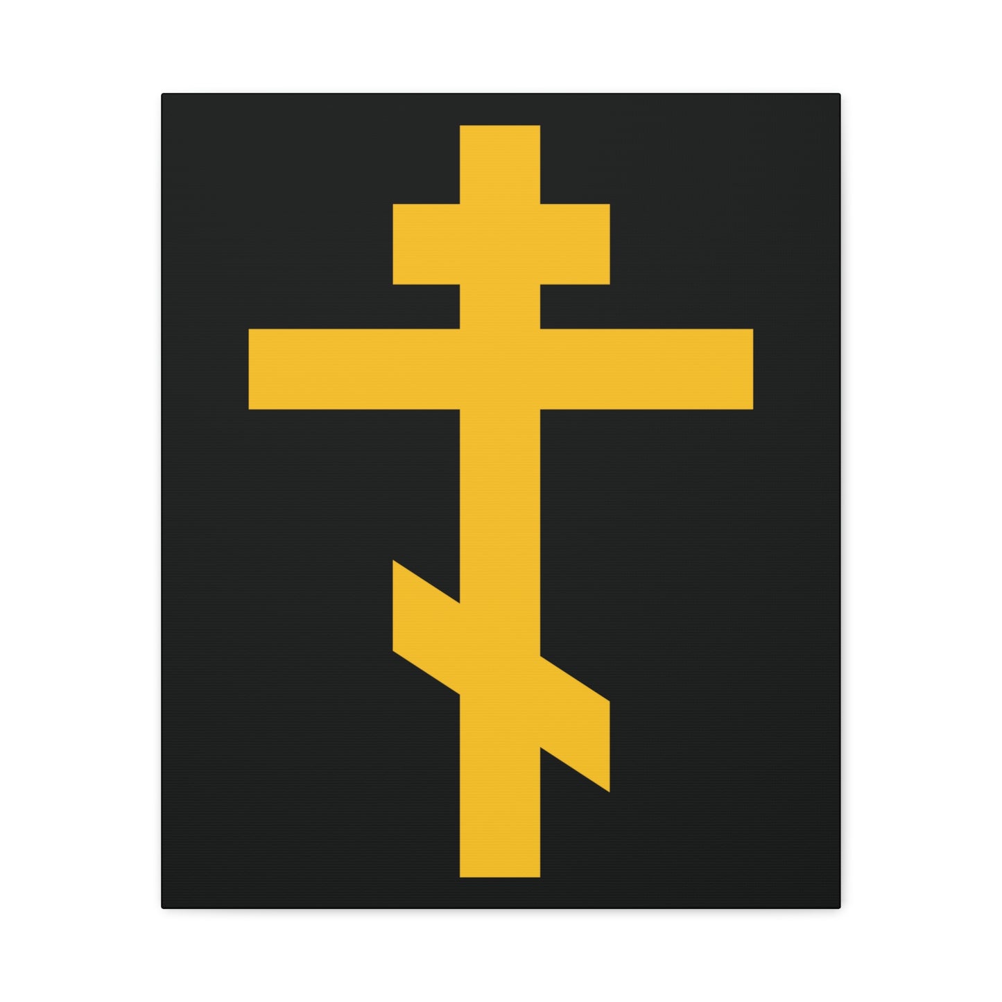 The "Yellow Orthodox Cross Black Background" canvas art depicts the precious, life-giving weapon of unseen warfare and scourge of demons—a three-bar cross symbolizing being crucified with Christ (Galatians 2:20).