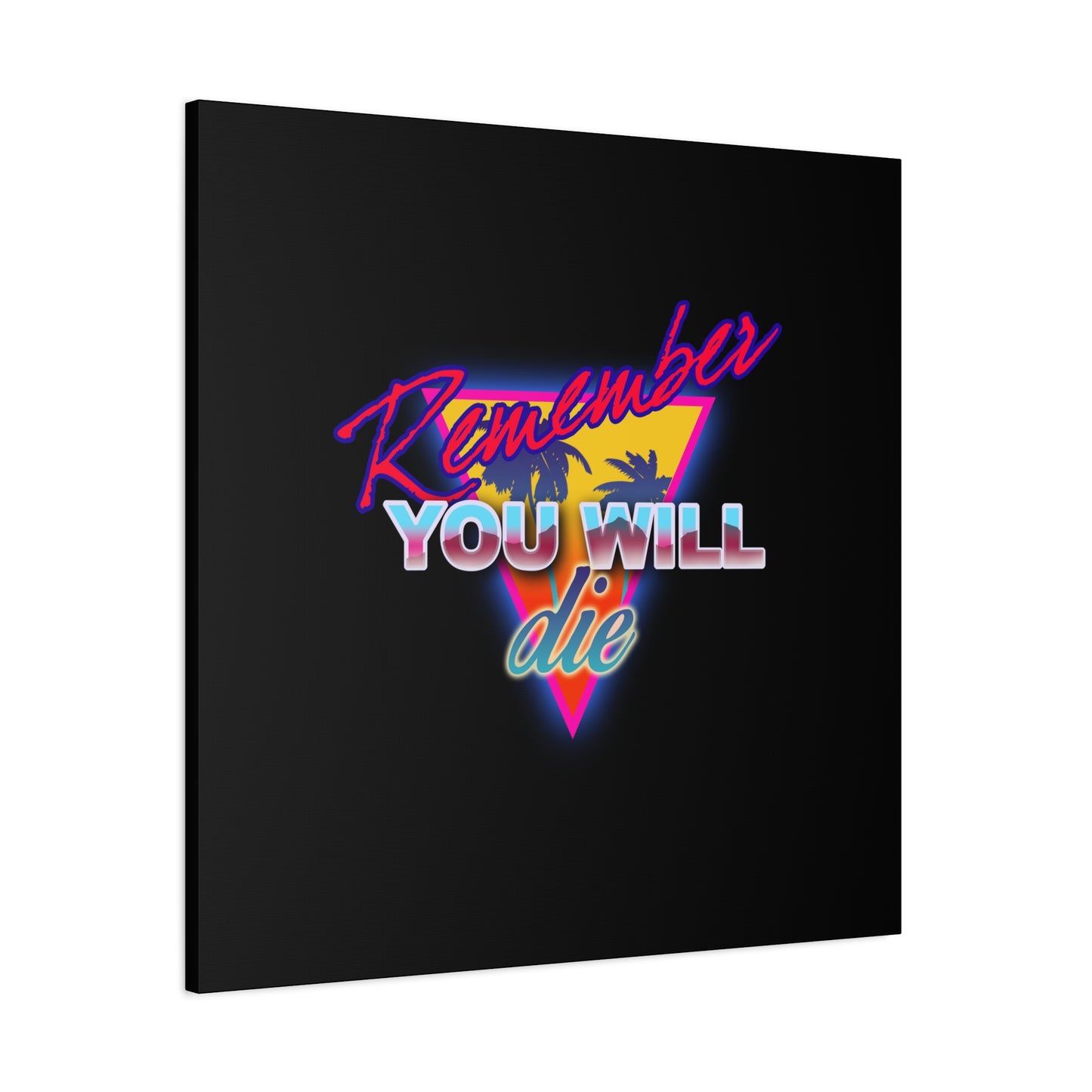 The "Remember You Will Die Palm Tree 80s Retro Synthwave Style | Memento Mori | Nostalgic Orthodox Christian Canvas Wall Art" features neon palm trees and a reminder of mortality, inspired by the Ladder of Divine Ascent.