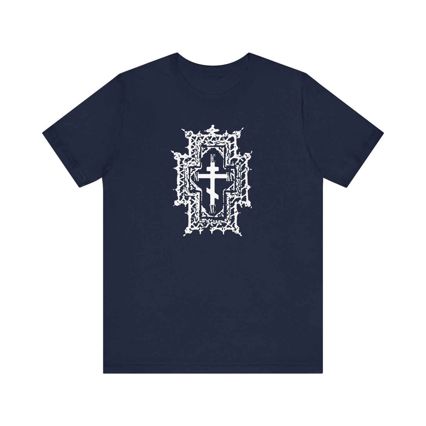 Navy ICXC NIKA unisex tee features a Gothic cathedral style Orthodox cross with “Jesus Christ Conquers” and “Healed By His Wounds” design, printed on lightweight cotton.