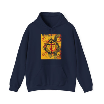 IC XC NIKA Orthodox Cross | Yellow & Red Modern & Medieval Textured Floral Design | Orthodox Christian Hoodie