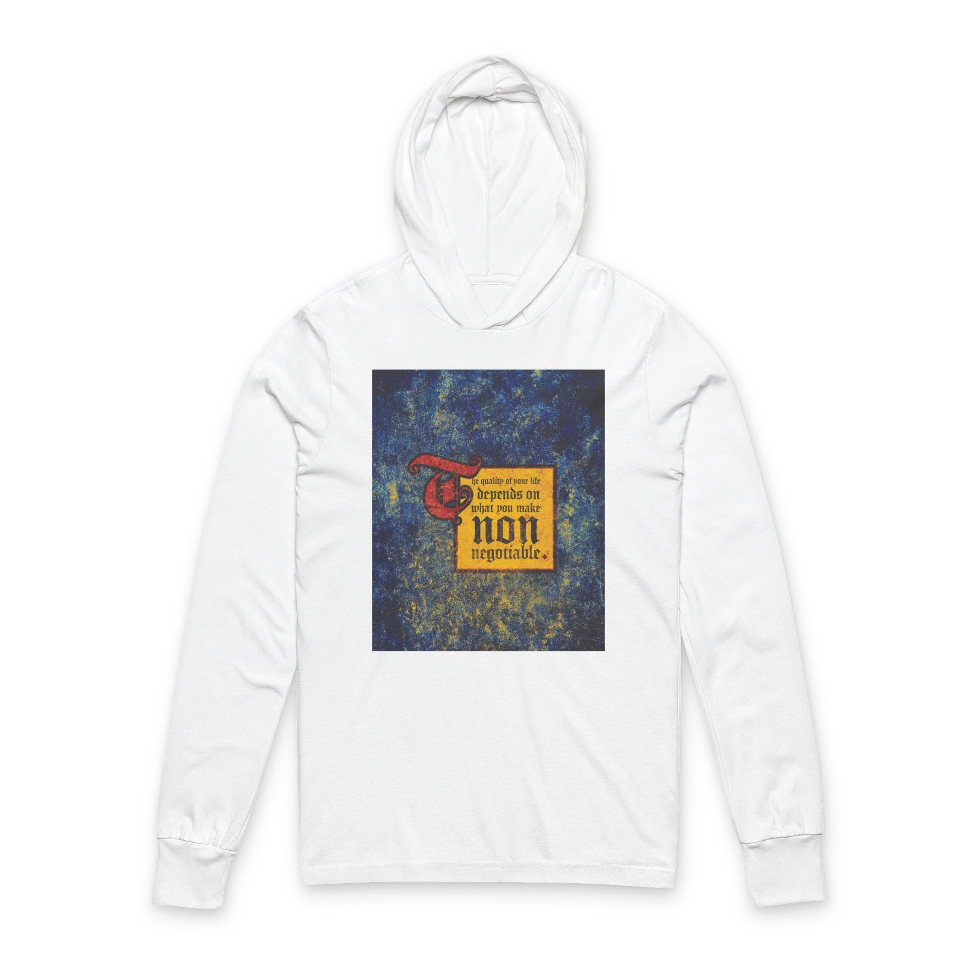 White "The Quality of Your Life Depends on What You Make Non-Negotiable" Orthodox Christian hoodie with a bold motivational graphic on the front.