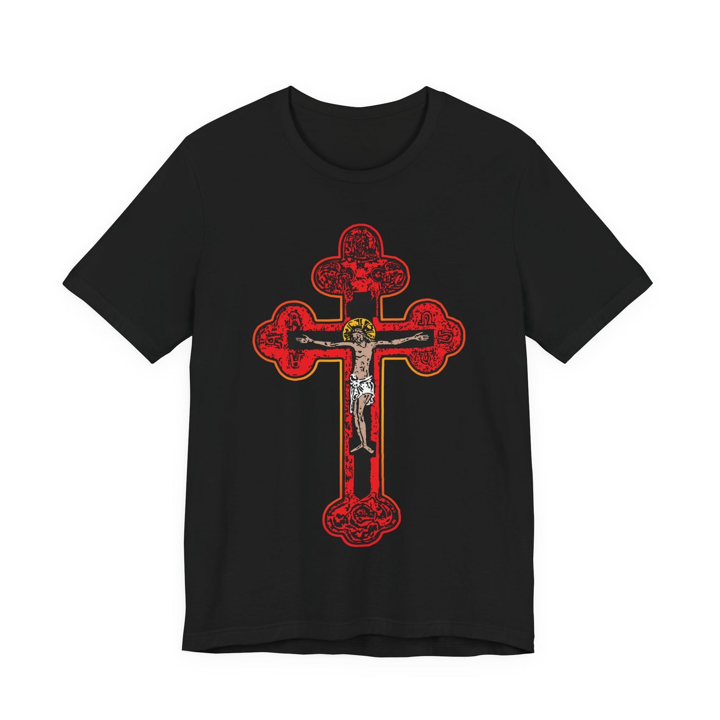 Black unisex cotton tee featuring a bold red Orthodox Christian Byzantine Golgotha crucifix with Alpha & Omega and "I Am Crucified With Christ" design.