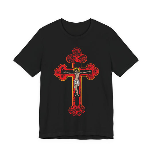 Black unisex cotton tee featuring a bold red Orthodox Christian Byzantine Golgotha crucifix with Alpha & Omega and "I Am Crucified With Christ" design.