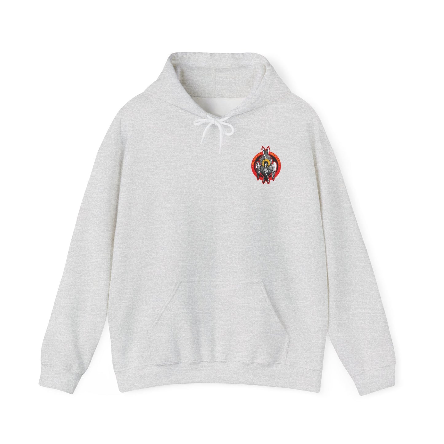 Ash-colored hoodie featuring a small, colorful seraphim angel graphic on the left chest, inspired by Orthodox Christian themes and heavenly hosts.