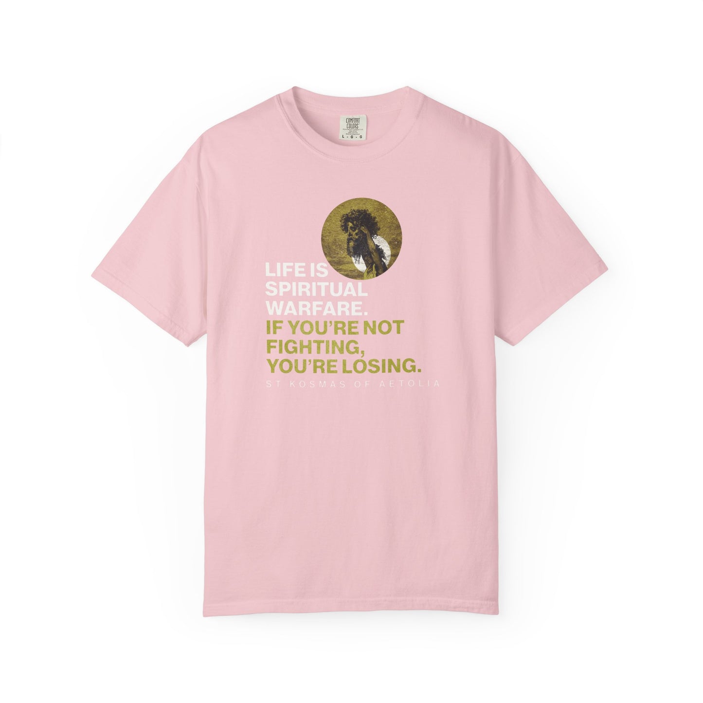Blossom heavyweight cotton tee featuring St. Kosmas of Aetolia with Gustave Dore’s David & Goliath art and the quote: Life is spiritual warfare. If you’re not fighting, you’re losing. Orthodox unisex fit.
