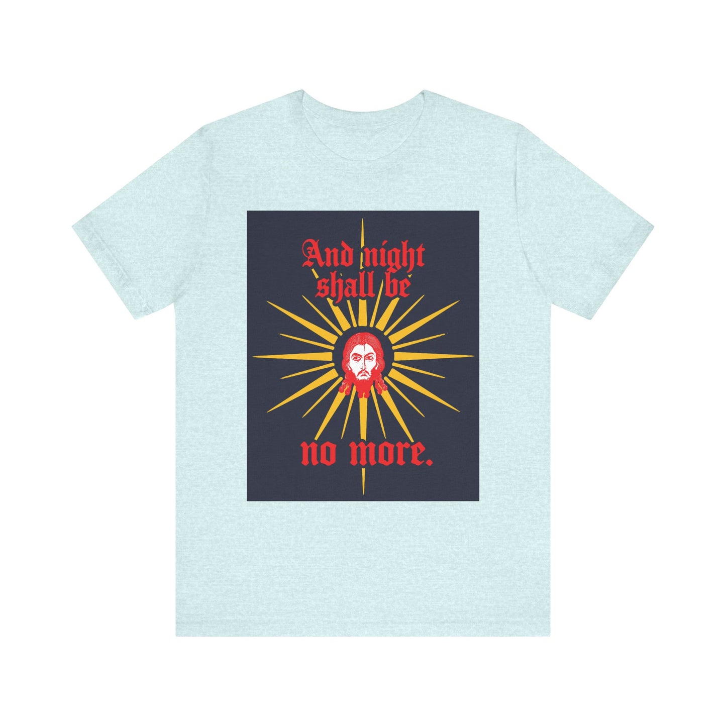Heather Prism Ice Blue unisex tee featuring a Jesus Christ Mandylion icon and gothic "And Night Shall Be No More" text inspired by Rev 22:5. Lightweight cotton, Orthodox Christian design.