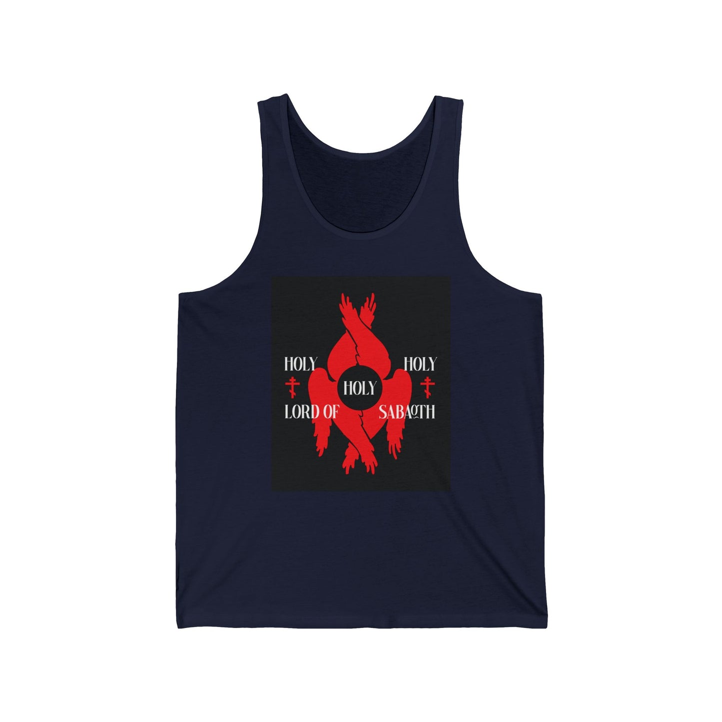 Navy cotton tank top with bold red seraphim wings, two Orthodox crosses, and “Holy Holy Holy Lord of Sabaoth” text inspired by Isaiah 6:3. Orthodox Christian Divine Council design.