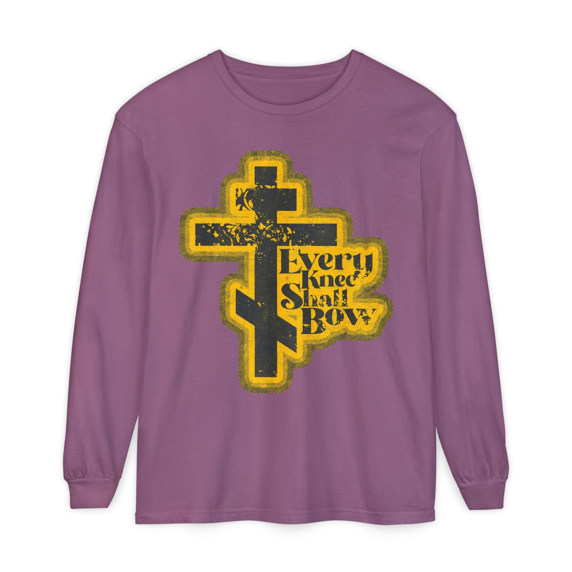 Berry long-sleeve “Every Knee Shall Bow” shirt features a large cross in a 70s distressed comic book style, with Philippians 2:10-11 & Isaiah 45:23 references—declaring Jesus is Lord. Orthodox Christian apparel.