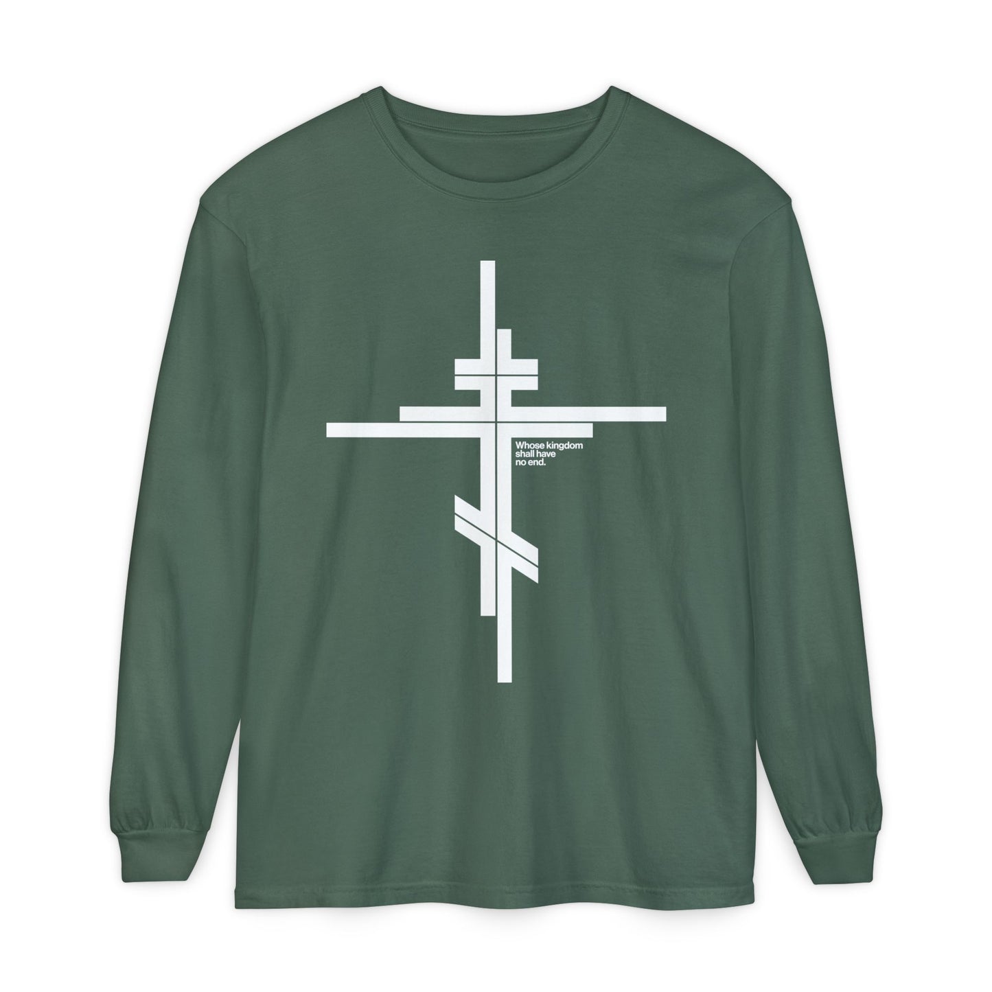 Whose Kingdom Shall Have No End | Luke 1:32-33 | Orthodox Cross | Modernist Minimalist Logo Style | Orthodox Long Sleeve Cotton Shirt