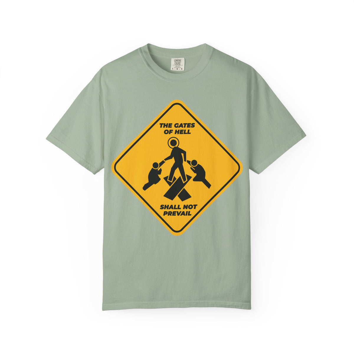 Bay-colored heavyweight cotton unisex tee featuring a minimalist yellow street sign icon and the text “The gates of hell shall not prevail.” Inspired by St. John Chrysostom and Isaiah 45:2–3, this design—named “Gates of Hell Shall Not Prevail | Yellow Street Sign Minimalist Pascha Icon | Trampling Down Death By Death”—reminds us of the treasures revealed on faith’s journey.