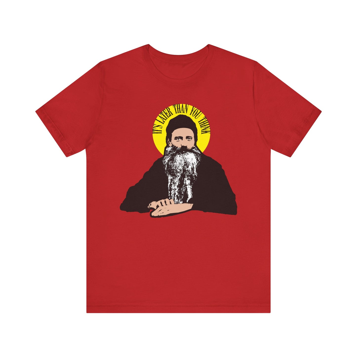 Red "It's Later Than You Think" tee features a St. Seraphim Rose quote in a yellow halo, honoring the modern American Orthodox saint. Made from lightweight cotton, this unisex shirt offers bold style and timeless wisdom.