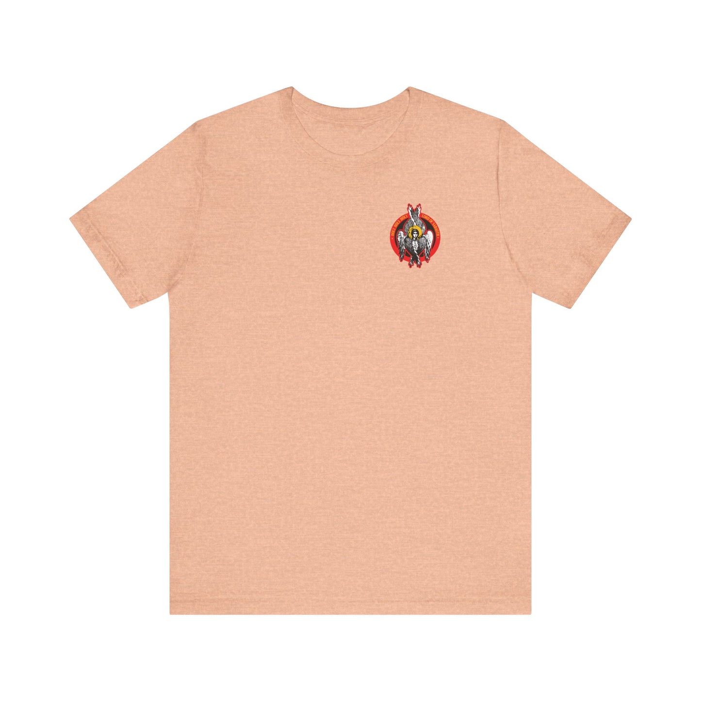 Heather Peach lightweight cotton unisex t-shirt featuring a small, colorful embroidered Seraphim Angel icon-graphic design on the left chest.