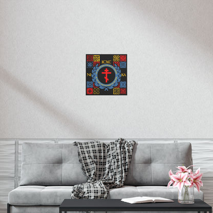 Let All Adverse Powers Be Crushed (Red, Yellow & Blue Design) | ICXC NIKA | Medieval Tile Design | Orthodox Christian Art Poster
