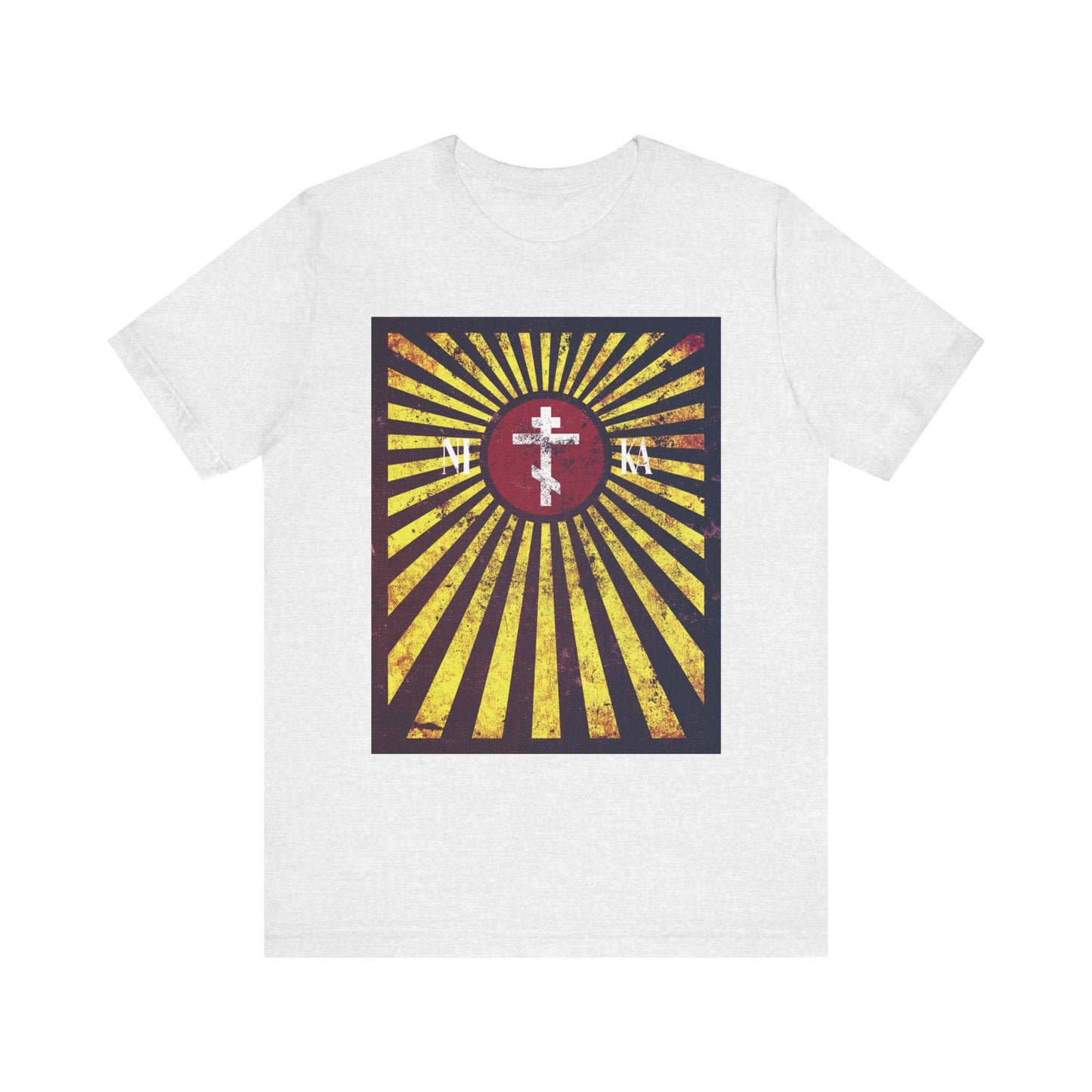 Ash T-shirt featuring the "NIKA Red Rising Sun Cross with Golden Rays" distressed textured flag design—a powerful reminder that each of us has our own cross to bear, echoing the wisdom of St Paisios of Mount Athos.