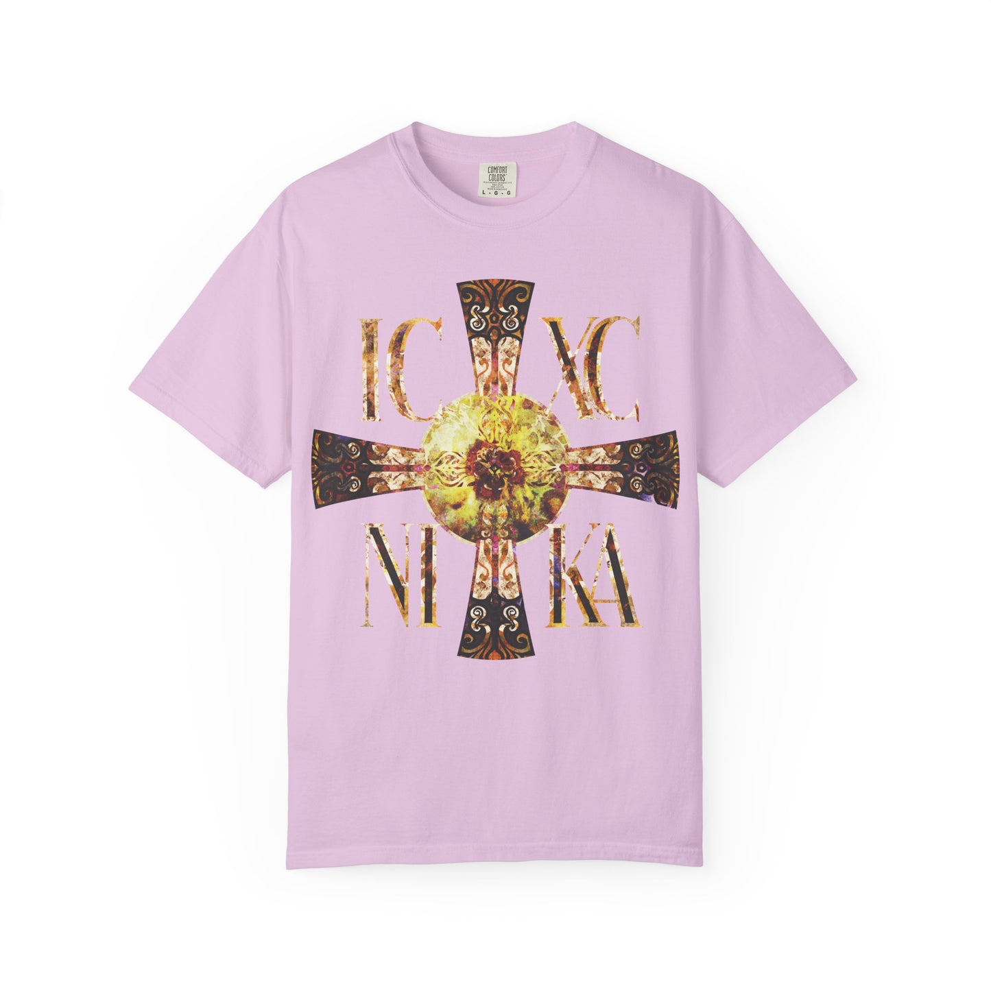 Orchid ICXC NIKA Celtic Style Equal Armed Cross t-shirt showcasing a bright solar texture and intricate Orthodox cross graphic, adorned with gold IC XC NIKA letters on the front.