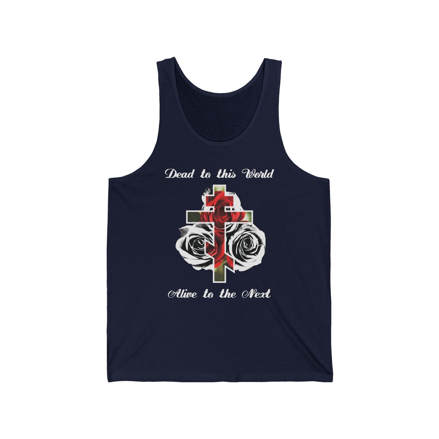 Navy cotton tank top with cross, red roses, and “Dead to This World Alive to the Next” plus “The Cross is the Doorway to Heaven” in black and white—an inspiring Orthodox Christian statement on life eternal.