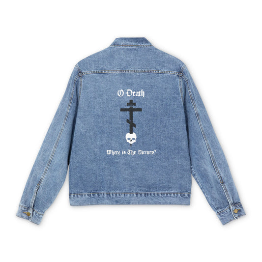 O Death Where is Thy Victory? 1 Cor 15:55 | Cross Stabbing Skull | Spraypaint Aesthetic | Orthodox Christian Blue Denim Jacket