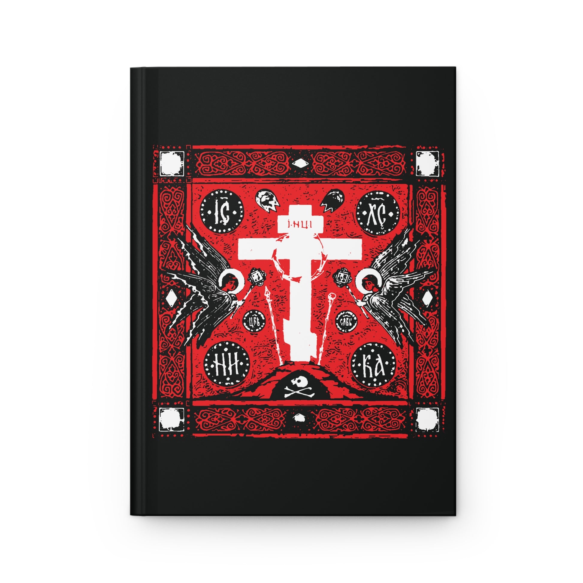 Adoration of the Holy Cross IconoGraphic | Striking Red White and Black Golgotha Design w/ Angels | Orthodox Christian Accessory | Blank Hardcover Journal-Journal-Remembrance of Death