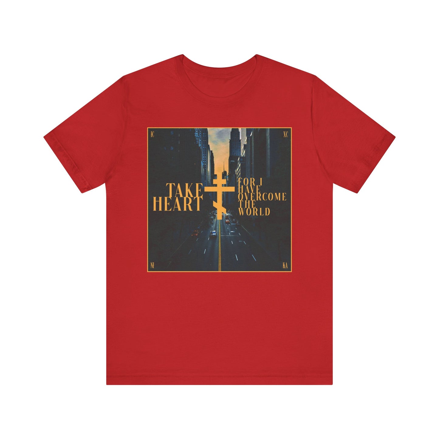 Take Heart, For I Have Overcome the World (John 16:33) | Redemptive Modern City Street Scene Design | Lightweight Cotton Unisex Tee