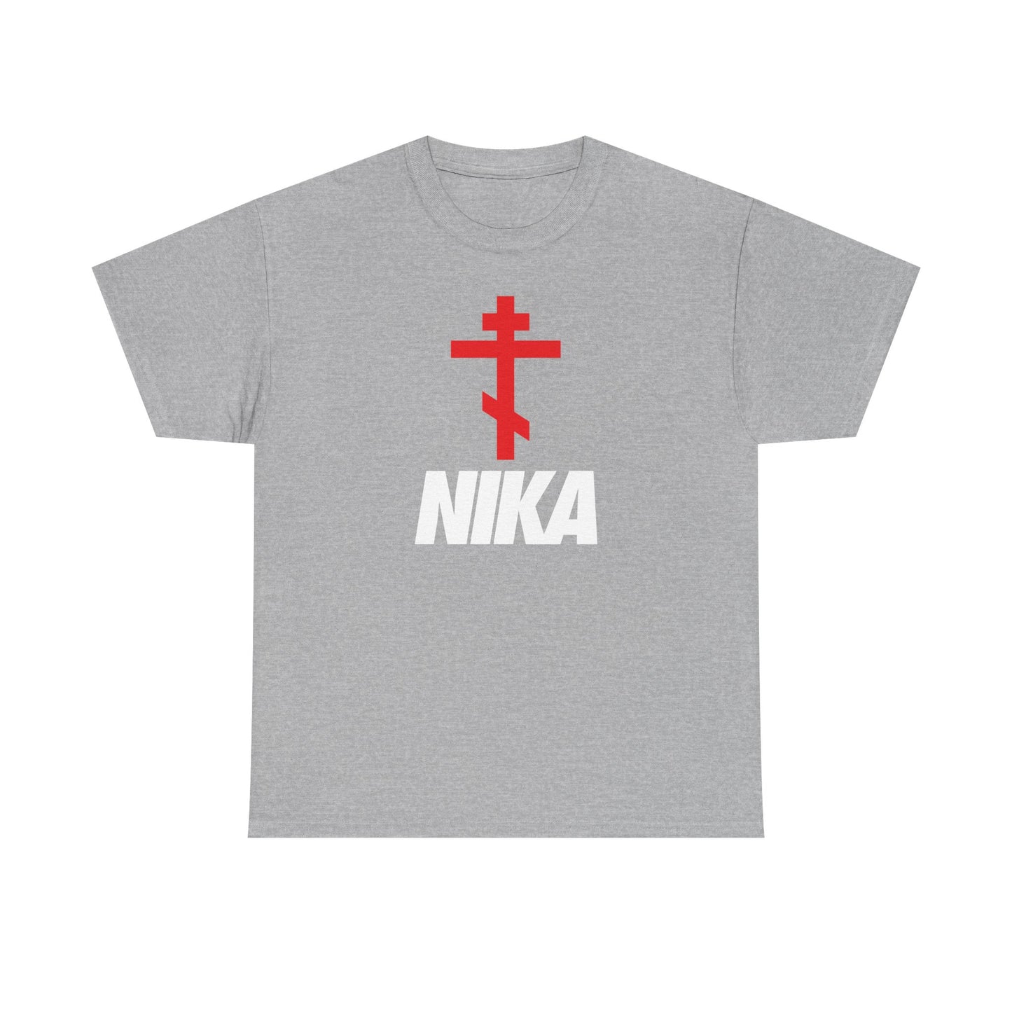 Sport Grey heavy cotton T-shirt with a red Orthodox Christogram cross above bold white "NIKA" text—a minimalist Christian design inspired by NIKE, symbolizing “Jesus Christ Conquers.”.