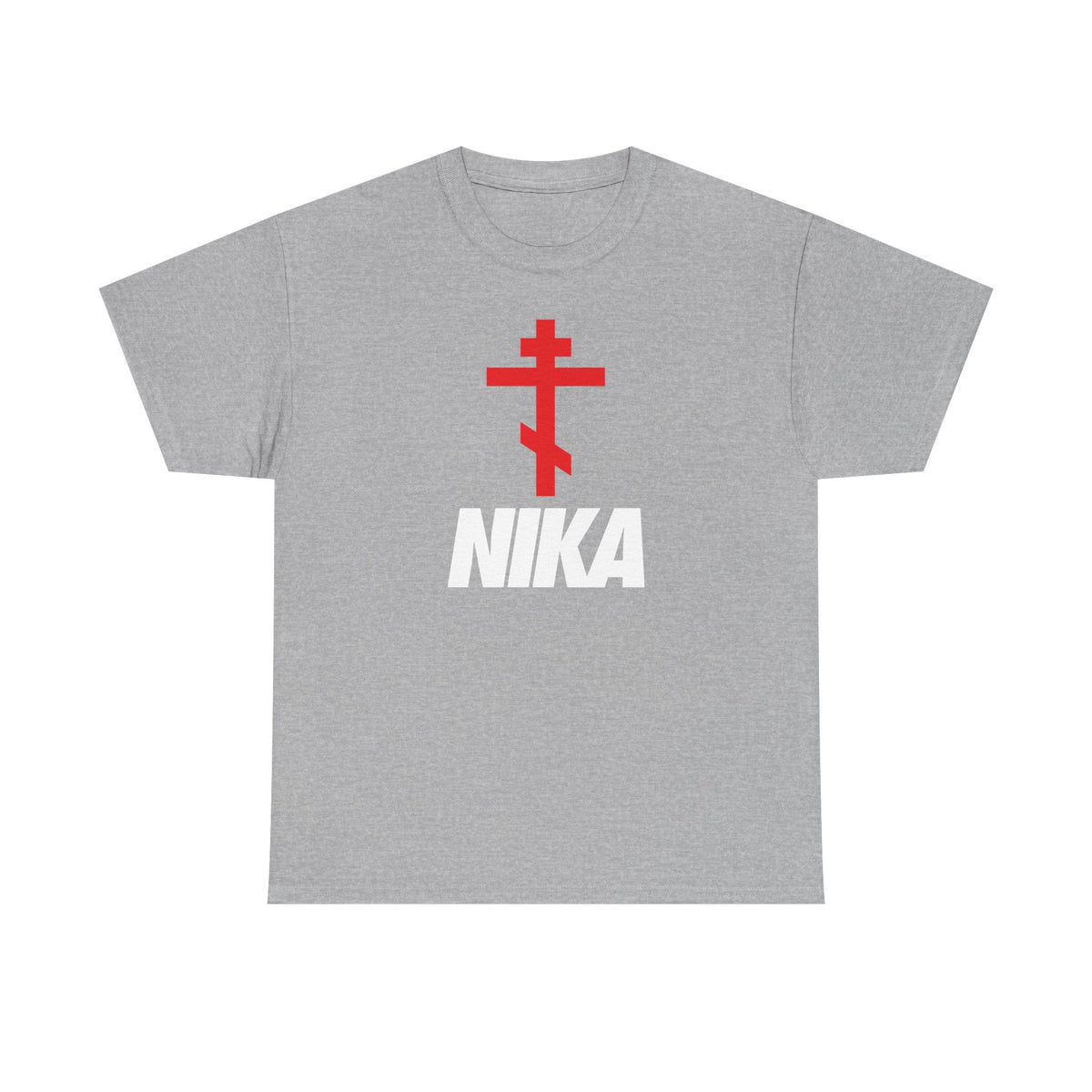 Sport Grey heavy cotton T-shirt with a red Orthodox Christogram cross above bold white "NIKA" text—a minimalist Christian design inspired by NIKE, symbolizing “Jesus Christ Conquers.”.