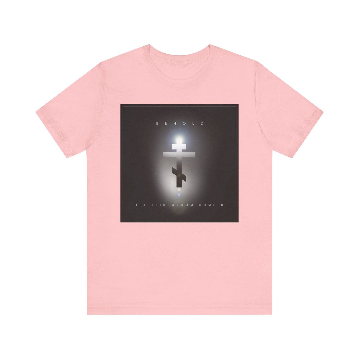 Pink "Behold the Bridegroom" minimalist cinematic lens flare design—Orthodox Christian lightweight cotton unisex t-shirt, boldly featuring a glowing cross and text as a reminder of the day of judgment.