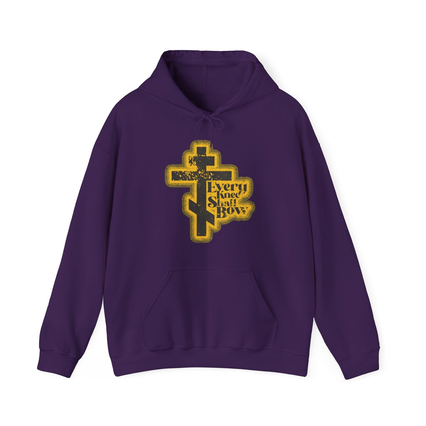 Purple "Every Knee Shall Bow" hoodie with a 70s distressed halftone comic book style, inspired by Philippians 2:10-11 and Isaiah 45:23. Orthodox Christian design in gold on front.