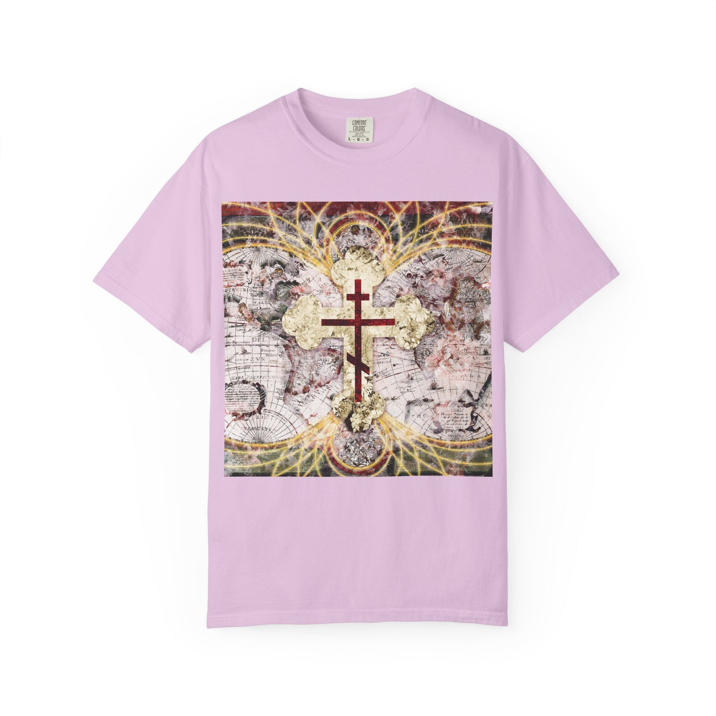 Orchid heavyweight cotton unisex tee featuring a red Orthodox cross on an antique map with glowing magnetic lines, inspired by Revelation 1:18—the powerful Bible verse about Christ as Conqueror of Death and holder of the keys of Death and Hades.