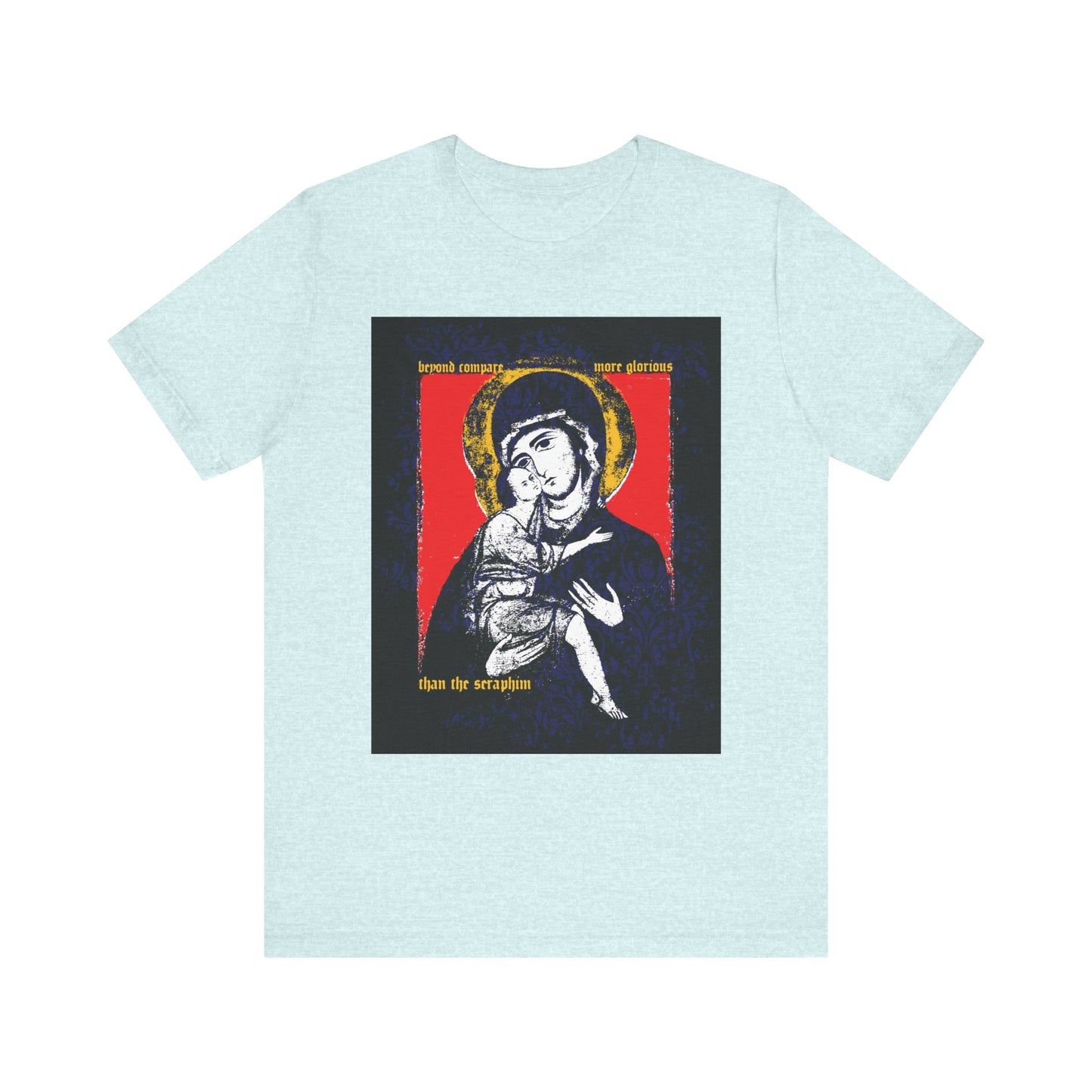 Heather Prism Ice Blue "Beyond Compare More Glorious Than the Seraphim" t-shirt features a Vladimir Theotokos icon with gold halo and floral texture—an Orthodox lightweight cotton tee inspiring prayer for salvation.