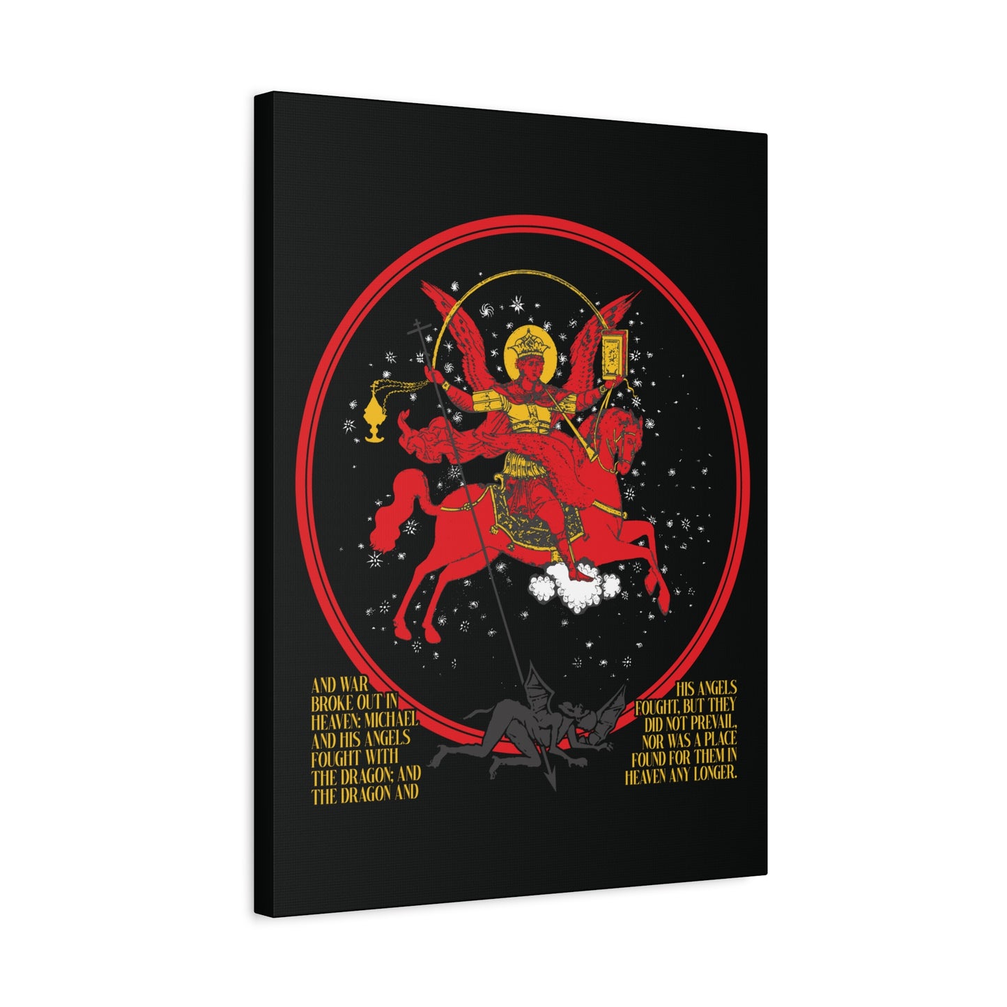The "Archangel Michael of the Apocalypse Icono-Graphic" Christian canvas art shows St. Michael on a red horse battling Satan as a black dragon from Revelation 12:7-9, set in a red circle with gold text on a black background.